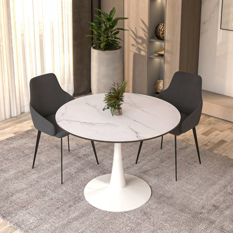 Bristol Round Dining Table with Sintered Stone/MDF Wood Tabletop in Black/White Steel