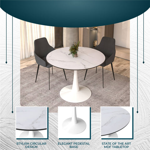 Bristol Round Dining Table with Sintered Stone/MDF Wood Tabletop in Black/White Steel