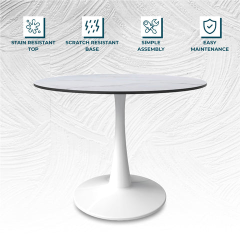 Bristol Round Dining Table with Sintered Stone/MDF Wood Tabletop in Black/White Steel