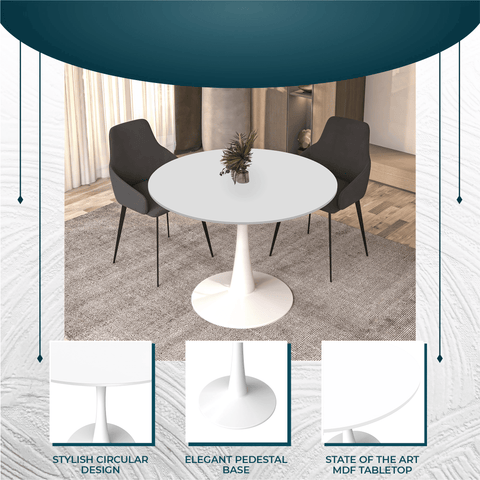 Bristol Round Dining Table with Sintered Stone/MDF Wood Tabletop in Black/White Steel