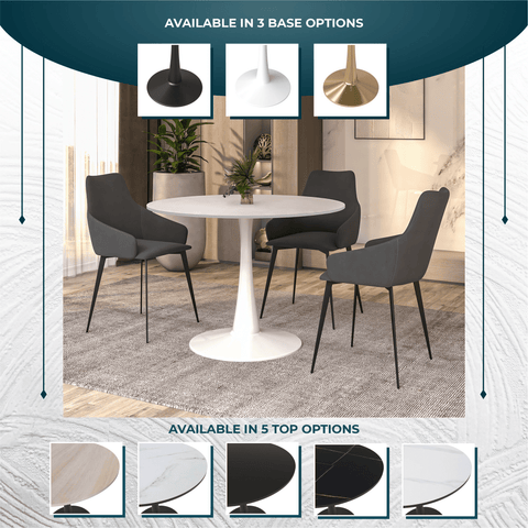 Bristol Round Dining Table with Sintered Stone/MDF Wood Tabletop in Black/White Steel