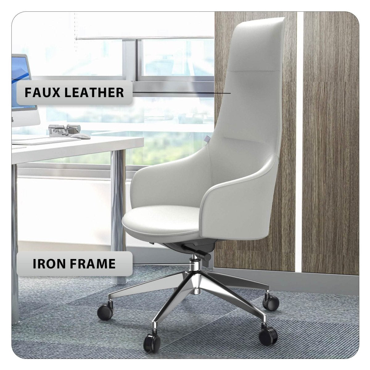 Celeste High - Back Office Chair in Upholstered Leather and Iron Base with Swivel and Tilt