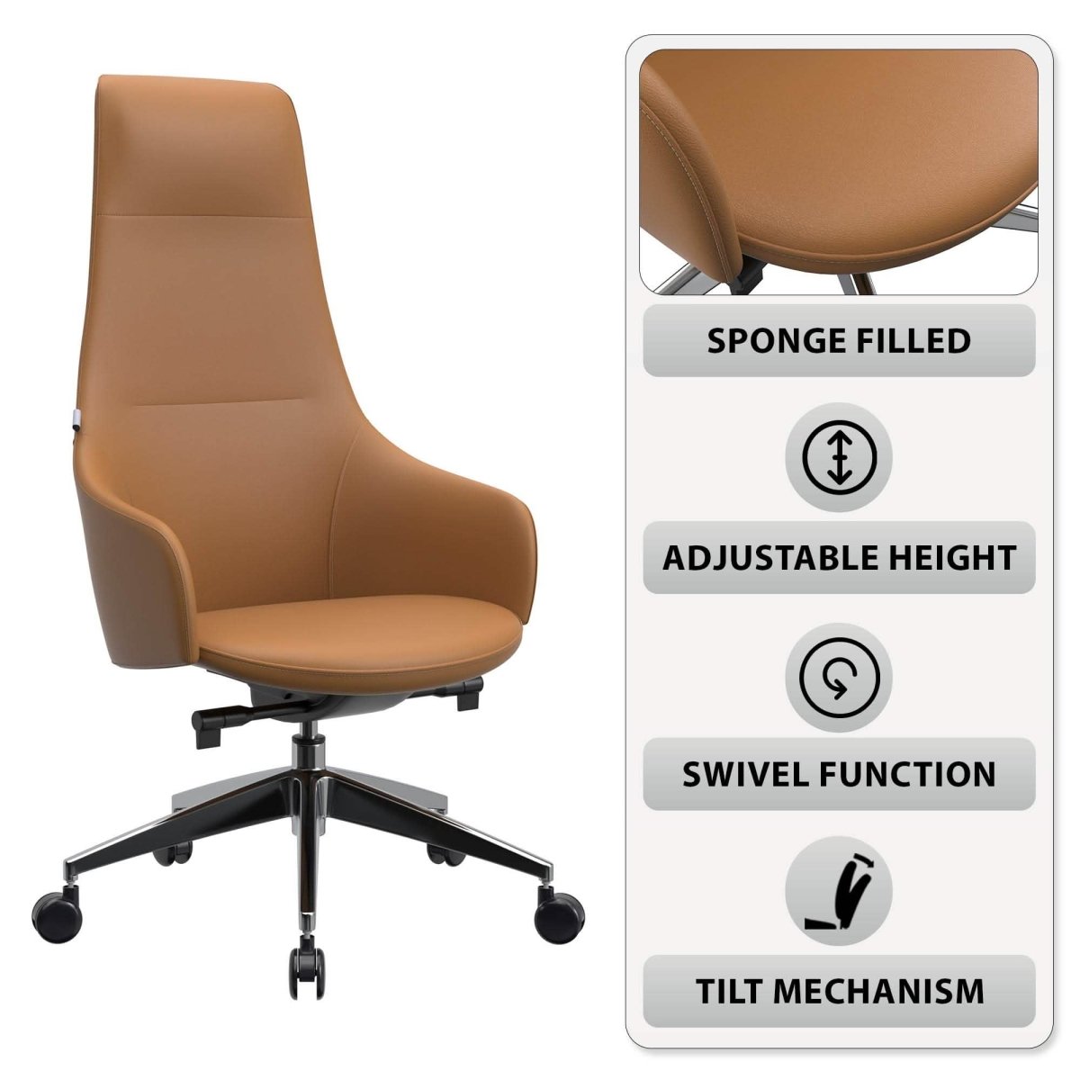 Celeste High - Back Office Chair in Upholstered Leather and Iron Base with Swivel and Tilt