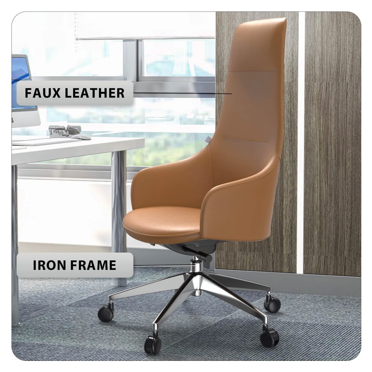Celeste High - Back Office Chair in Upholstered Leather and Iron Base with Swivel and Tilt