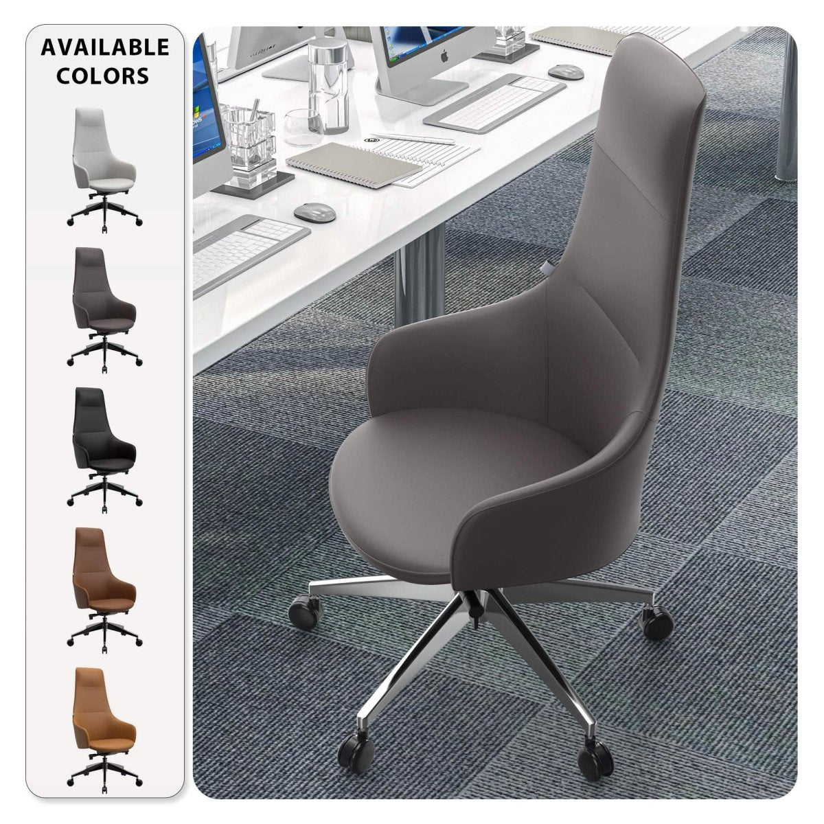 Celeste High - Back Office Chair in Upholstered Leather and Iron Base with Swivel and Tilt