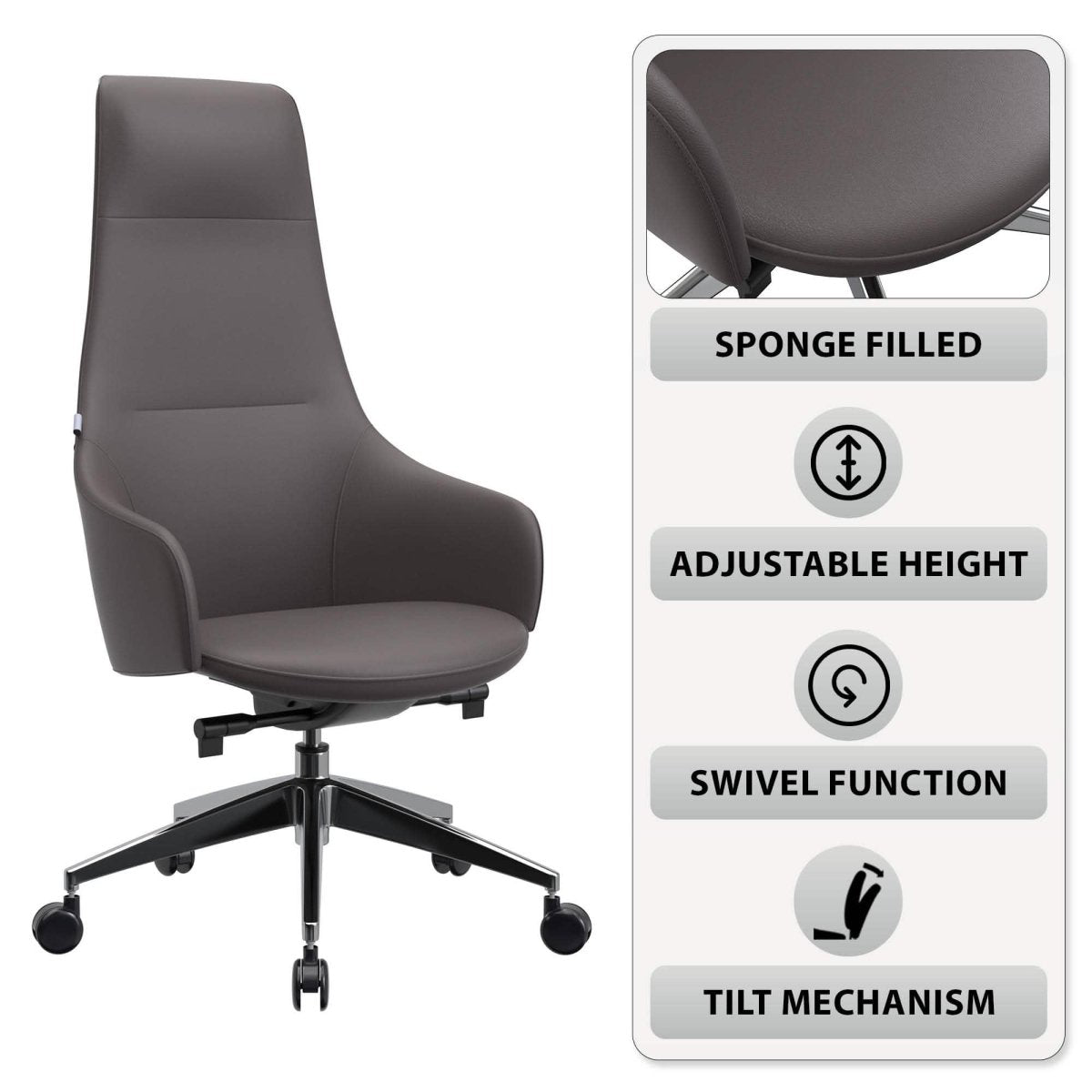 Celeste High - Back Office Chair in Upholstered Leather and Iron Base with Swivel and Tilt