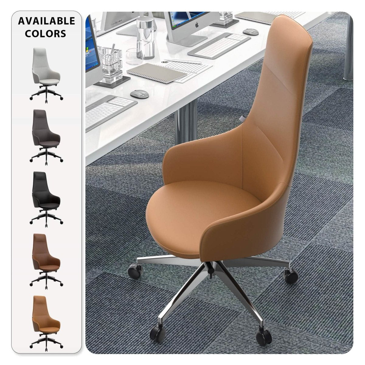 Celeste High - Back Office Chair in Upholstered Leather and Iron Base with Swivel and Tilt