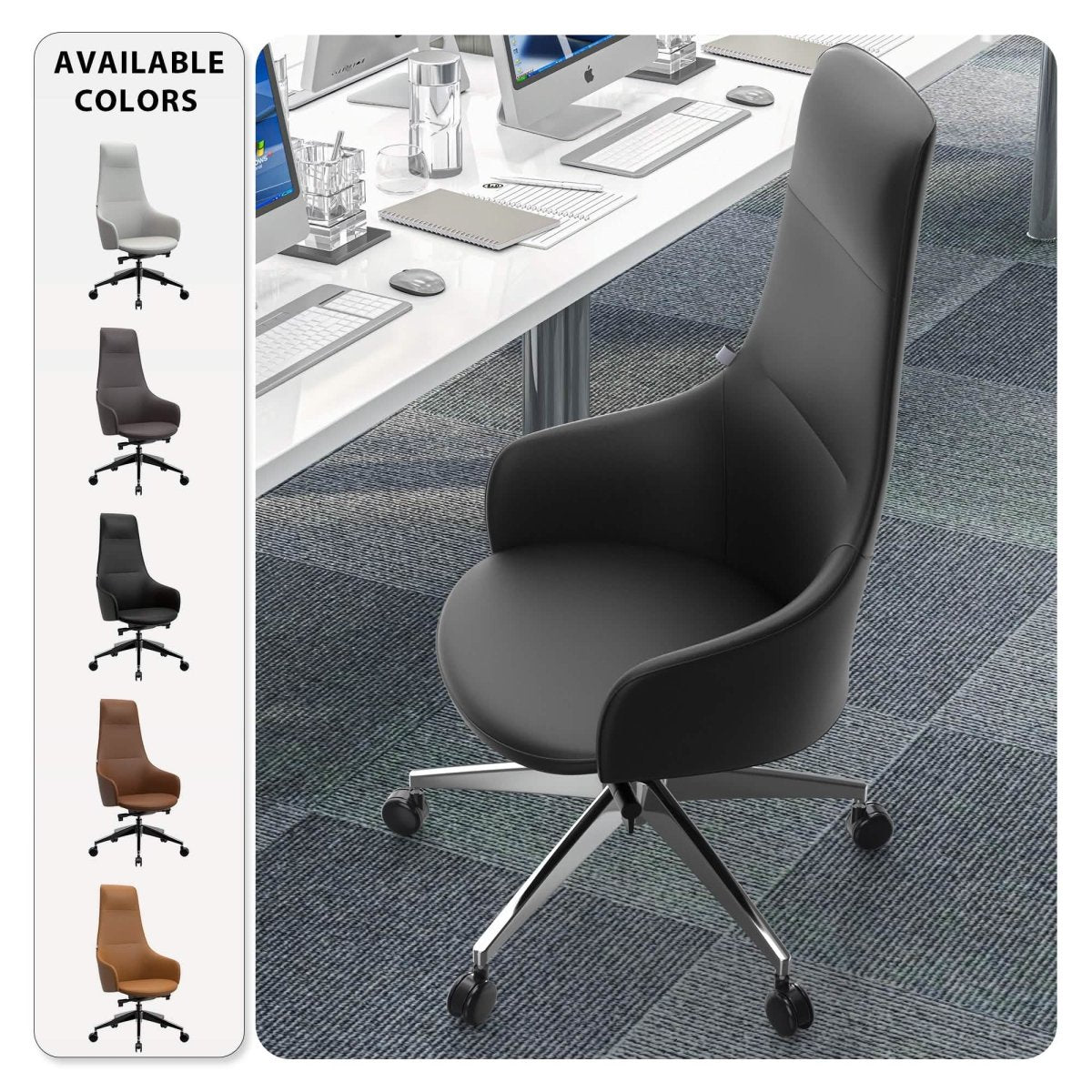 Celeste High - Back Office Chair in Upholstered Leather and Iron Base with Swivel and Tilt
