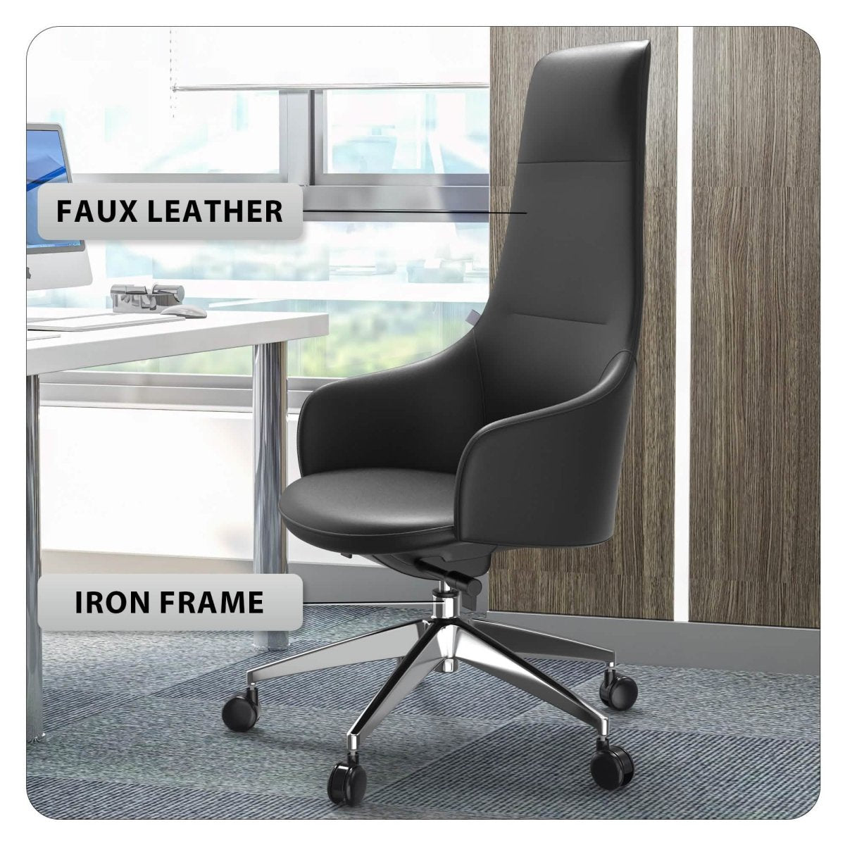 Celeste High - Back Office Chair in Upholstered Leather and Iron Base with Swivel and Tilt