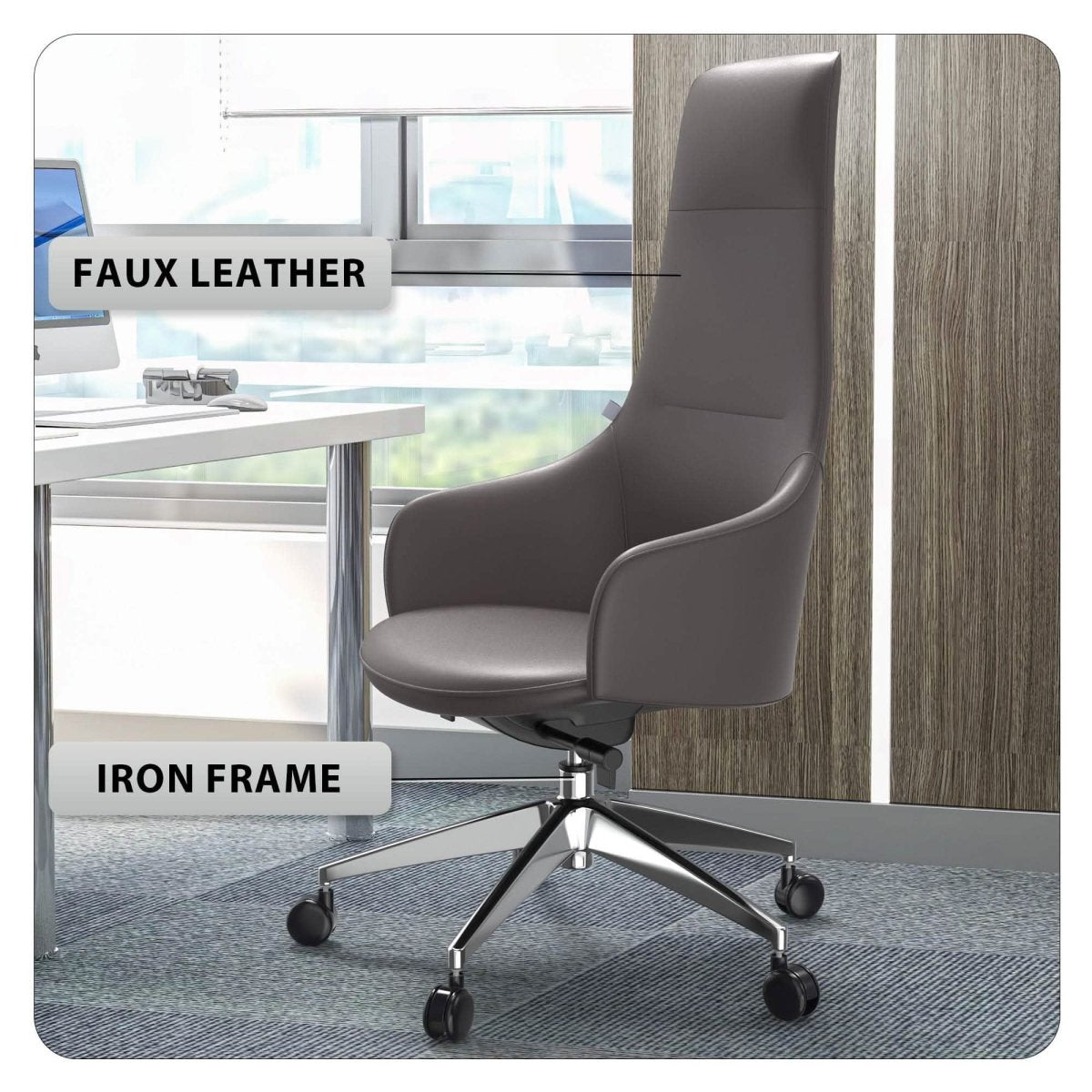 Celeste High - Back Office Chair in Upholstered Leather and Iron Base with Swivel and Tilt
