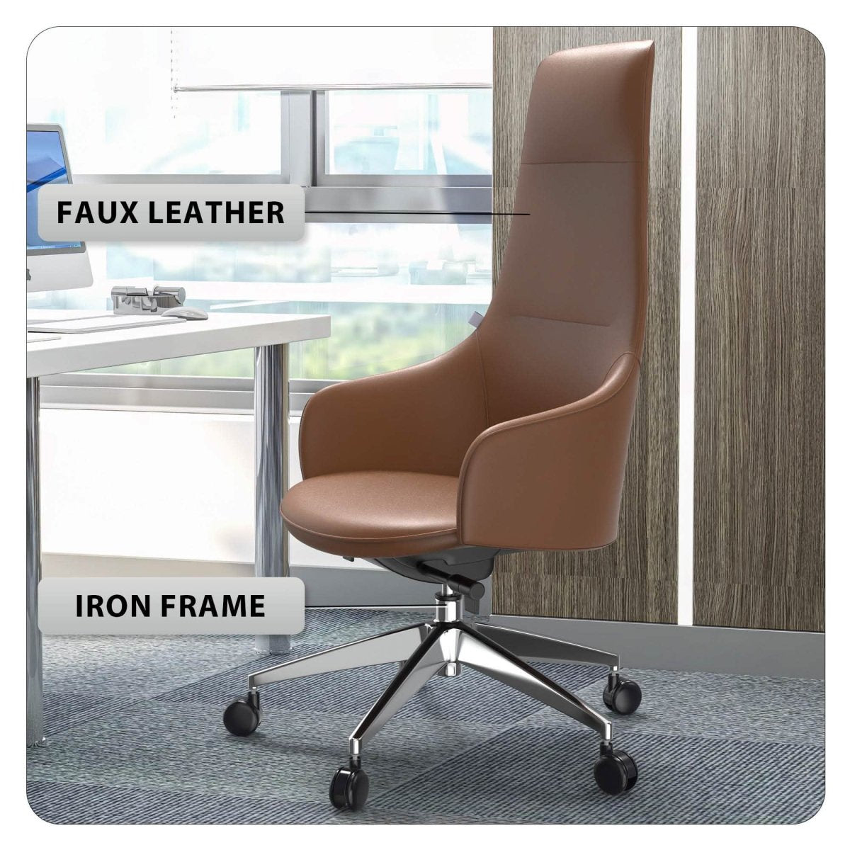 Celeste High - Back Office Chair in Upholstered Leather and Iron Base with Swivel and Tilt