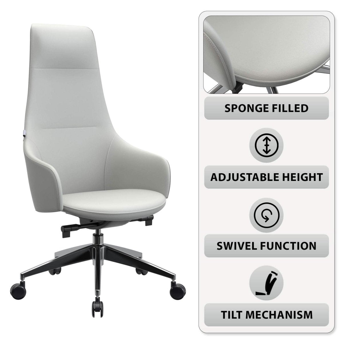 Celeste High - Back Office Chair in Upholstered Leather and Iron Base with Swivel and Tilt