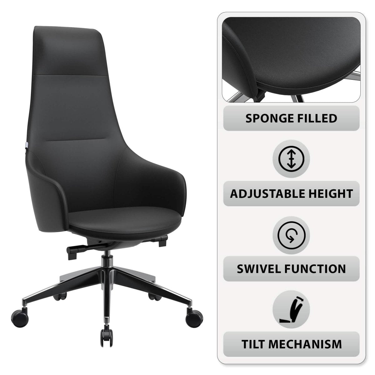 Celeste High - Back Office Chair in Upholstered Leather and Iron Base with Swivel and Tilt