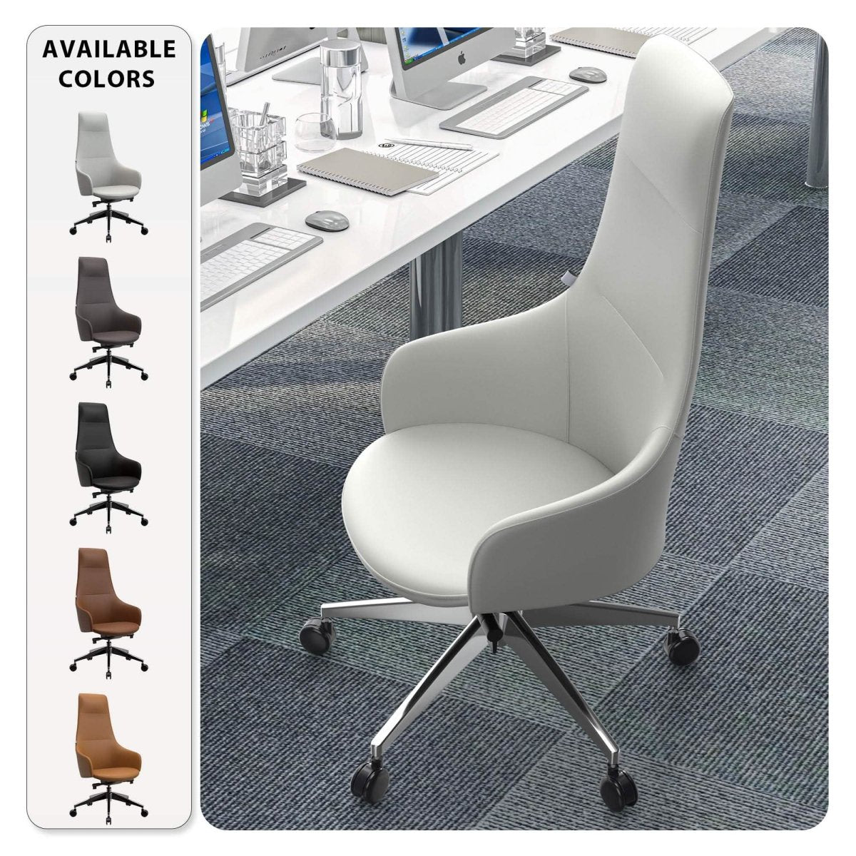 Celeste High - Back Office Chair in Upholstered Leather and Iron Base with Swivel and Tilt