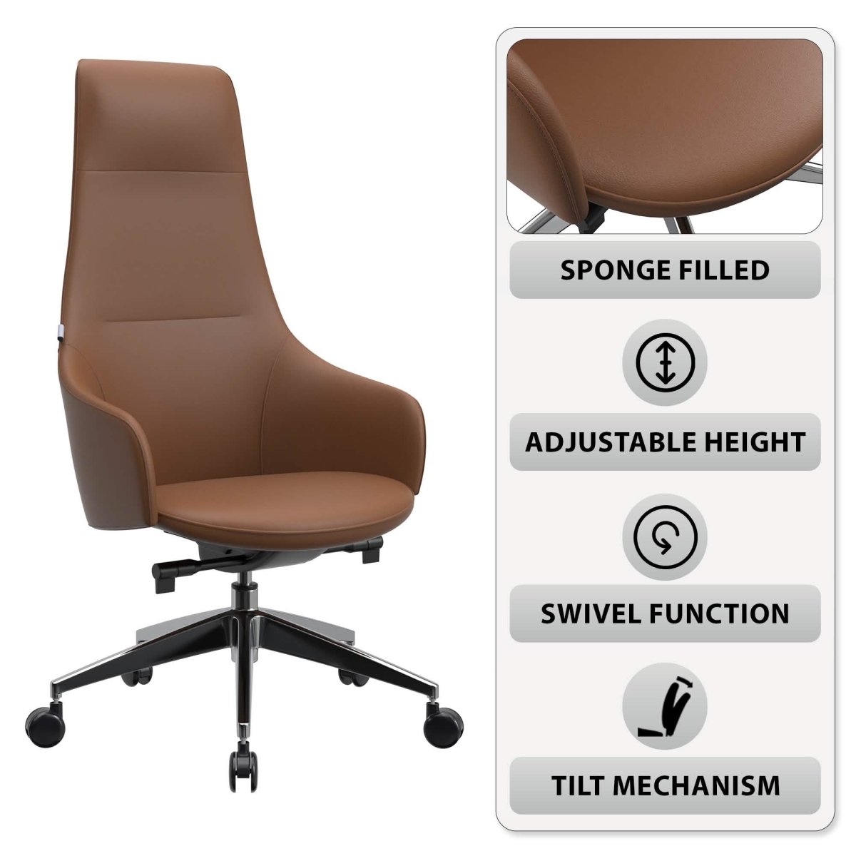 Celeste High - Back Office Chair in Upholstered Leather and Iron Base with Swivel and Tilt