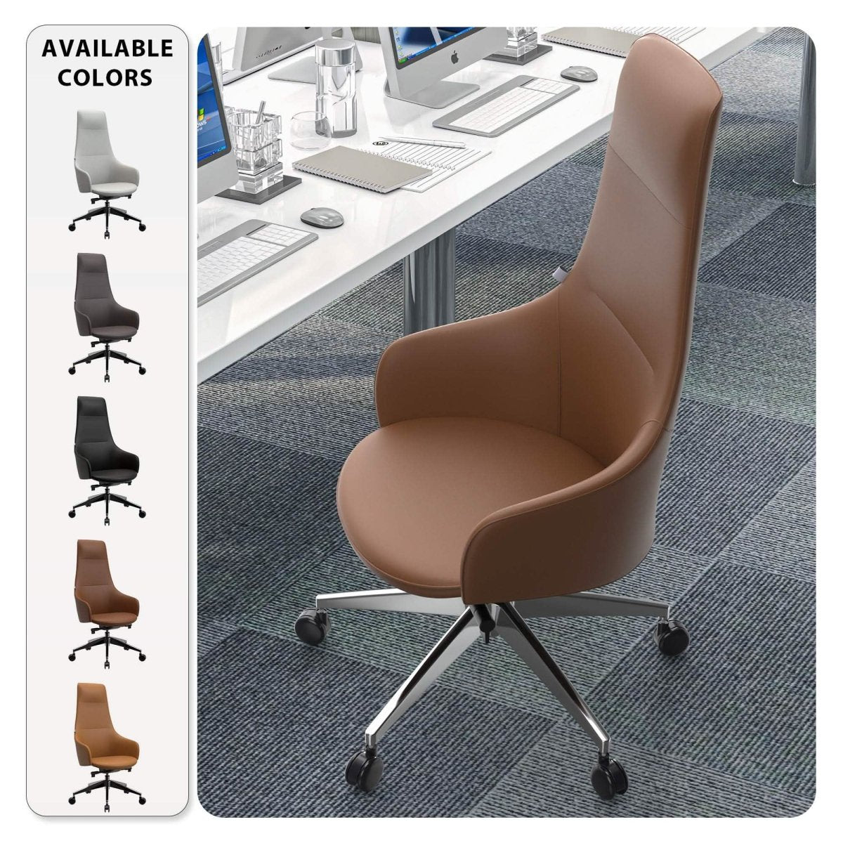 Celeste High - Back Office Chair in Upholstered Leather and Iron Base with Swivel and Tilt