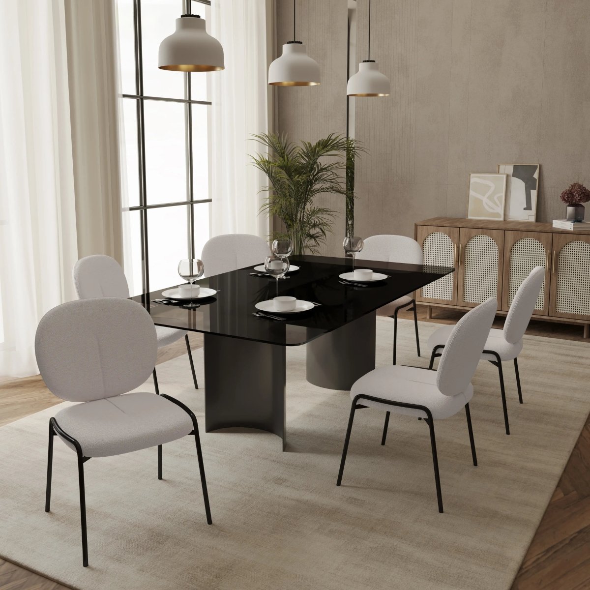 Celestial Modern Boucle Dining Side Chair with Black Powder Coated Iron Frame Set of 4