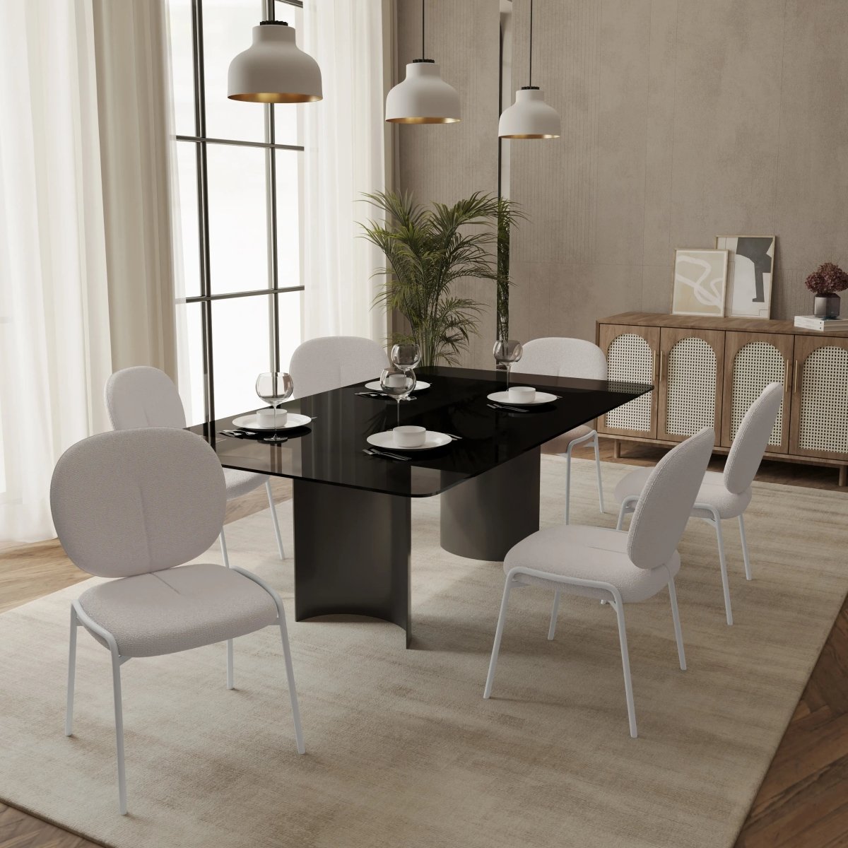Celestial Modern Boucle Dining Side Chair with White Powder Coated Iron Frame Set of 2