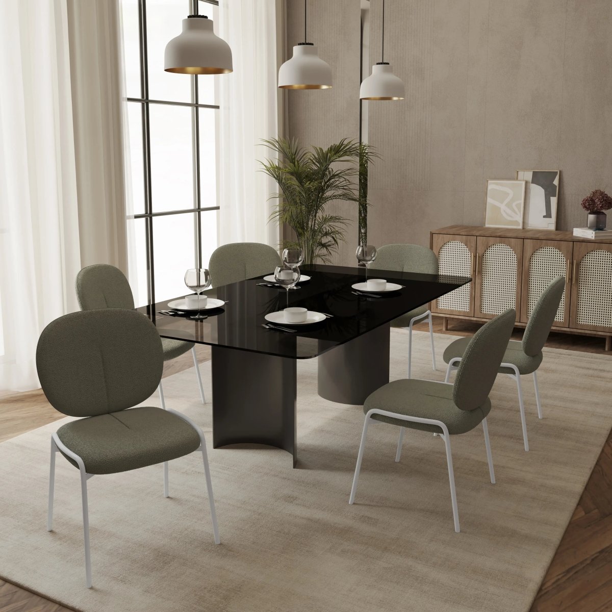 Celestial Modern Boucle Dining Side Chair with White Powder Coated Iron Frame Set of 2