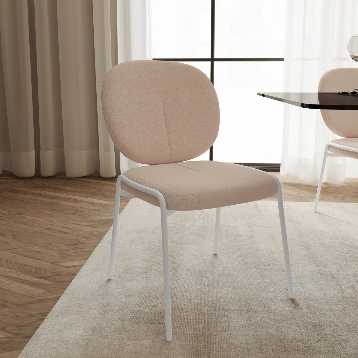 Celestial Modern Boucle Dining Side Chair with White Powder Coated Iron Frame Set of 2