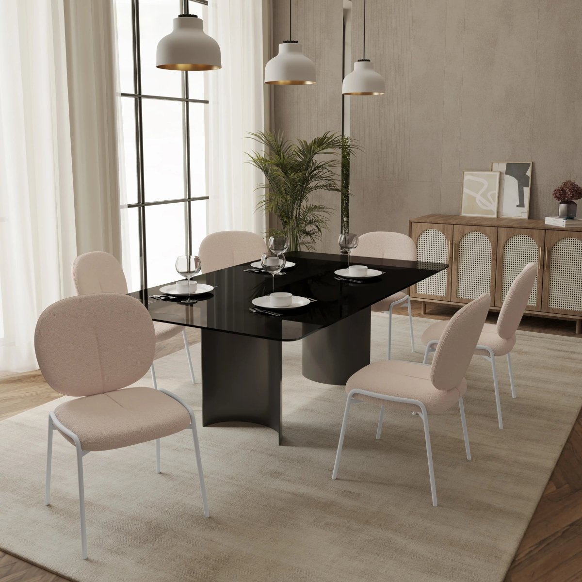 Celestial Modern Boucle Dining Side Chair with White Powder Coated Iron Frame Set of 2