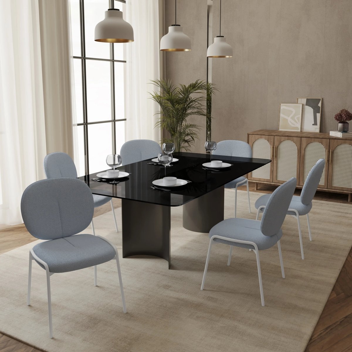 Celestial Modern Boucle Dining Side Chair with White Powder Coated Iron Frame Set of 2