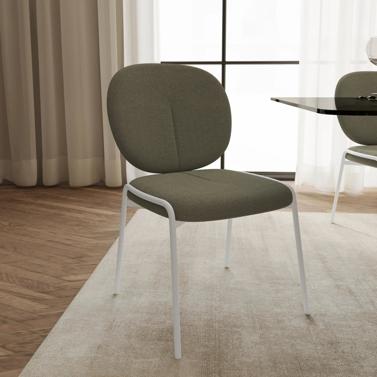 Celestial Modern Boucle Dining Side Chair with White Powder Coated Iron Frame Set of 4