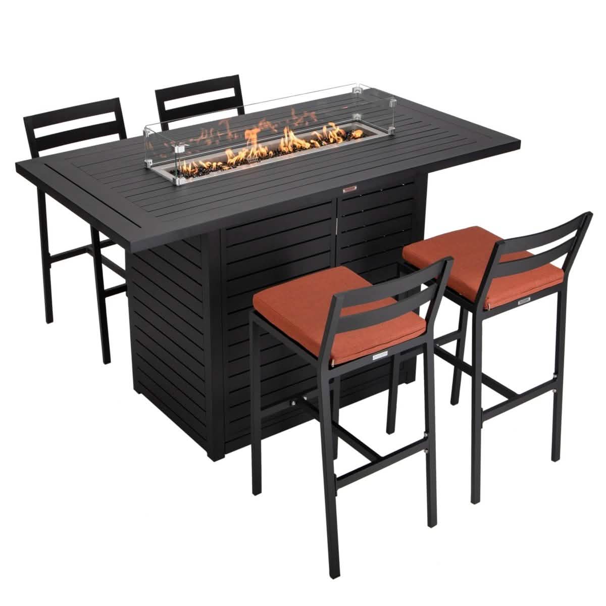 Chelsea 5-Piece Patio Bar Set: Aluminum Fire Pit Table with Tank Holder & 4 Barstools with Cushions Dining Set Leisuremod