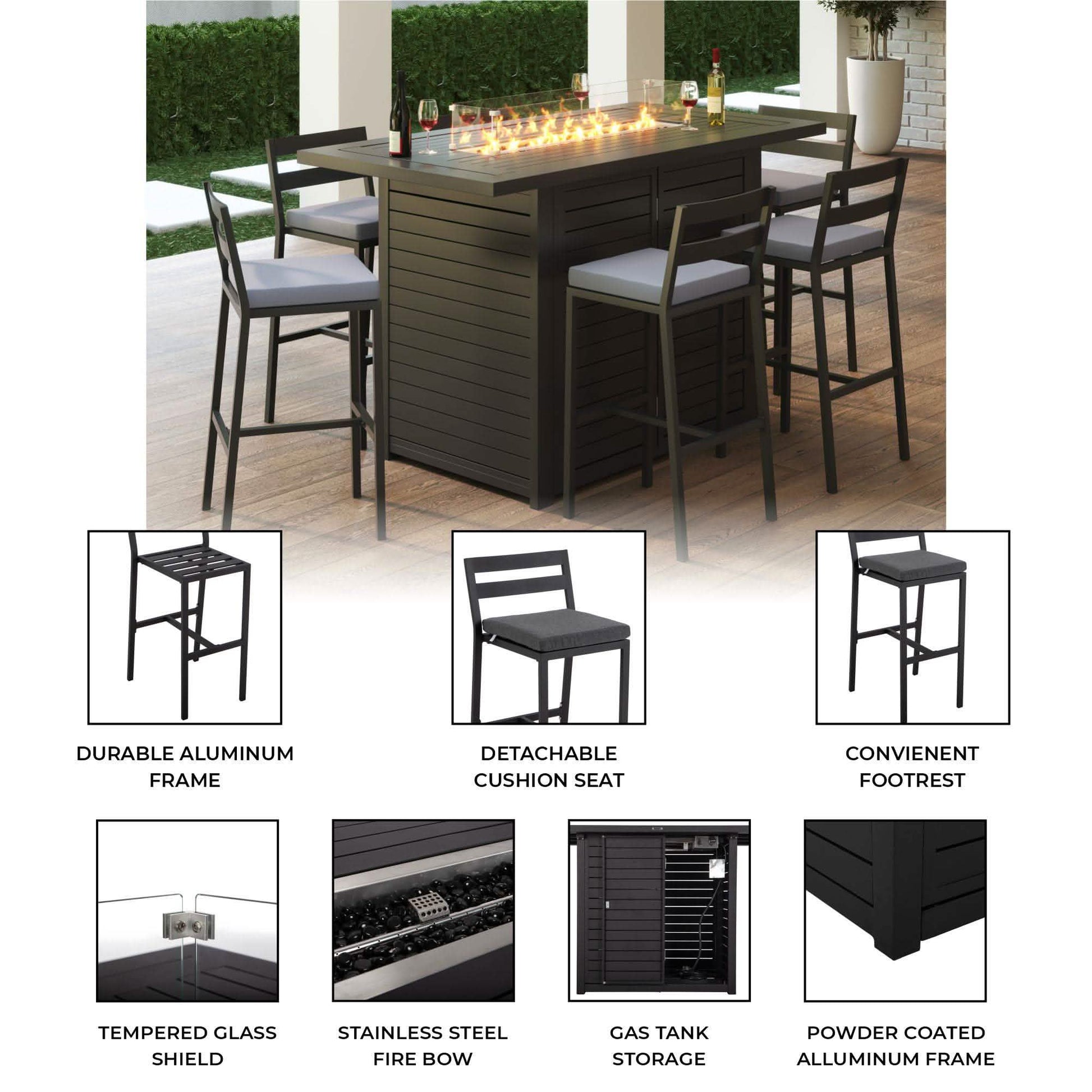 Chelsea 5-Piece Patio Bar Set: Aluminum Fire Pit Table with Tank Holder & 4 Barstools with Cushions Dining Set Leisuremod