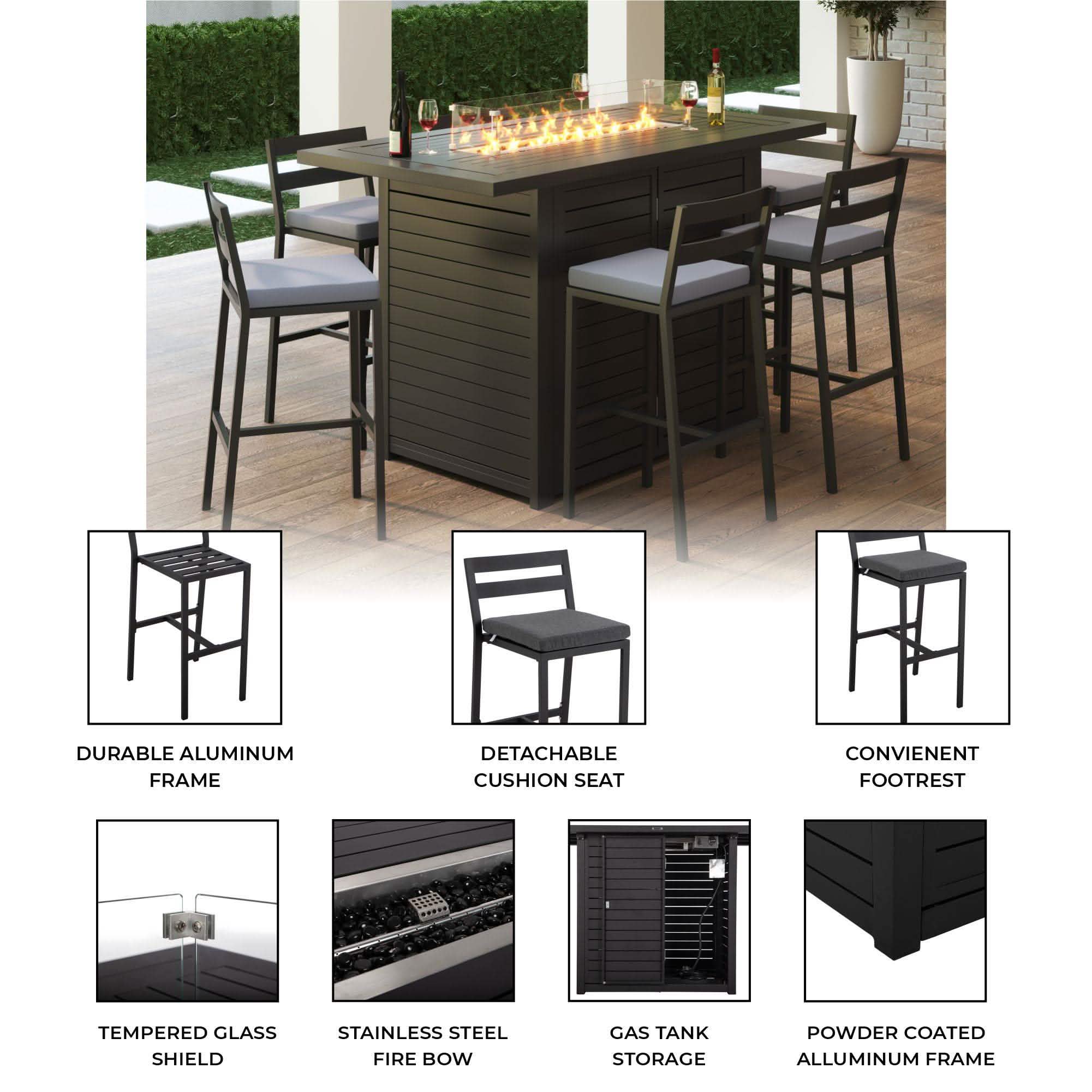 Chelsea 5-Piece Patio Bar Set: Aluminum Fire Pit Table with Tank Holder & 4 Barstools with Cushions Dining Set Leisuremod