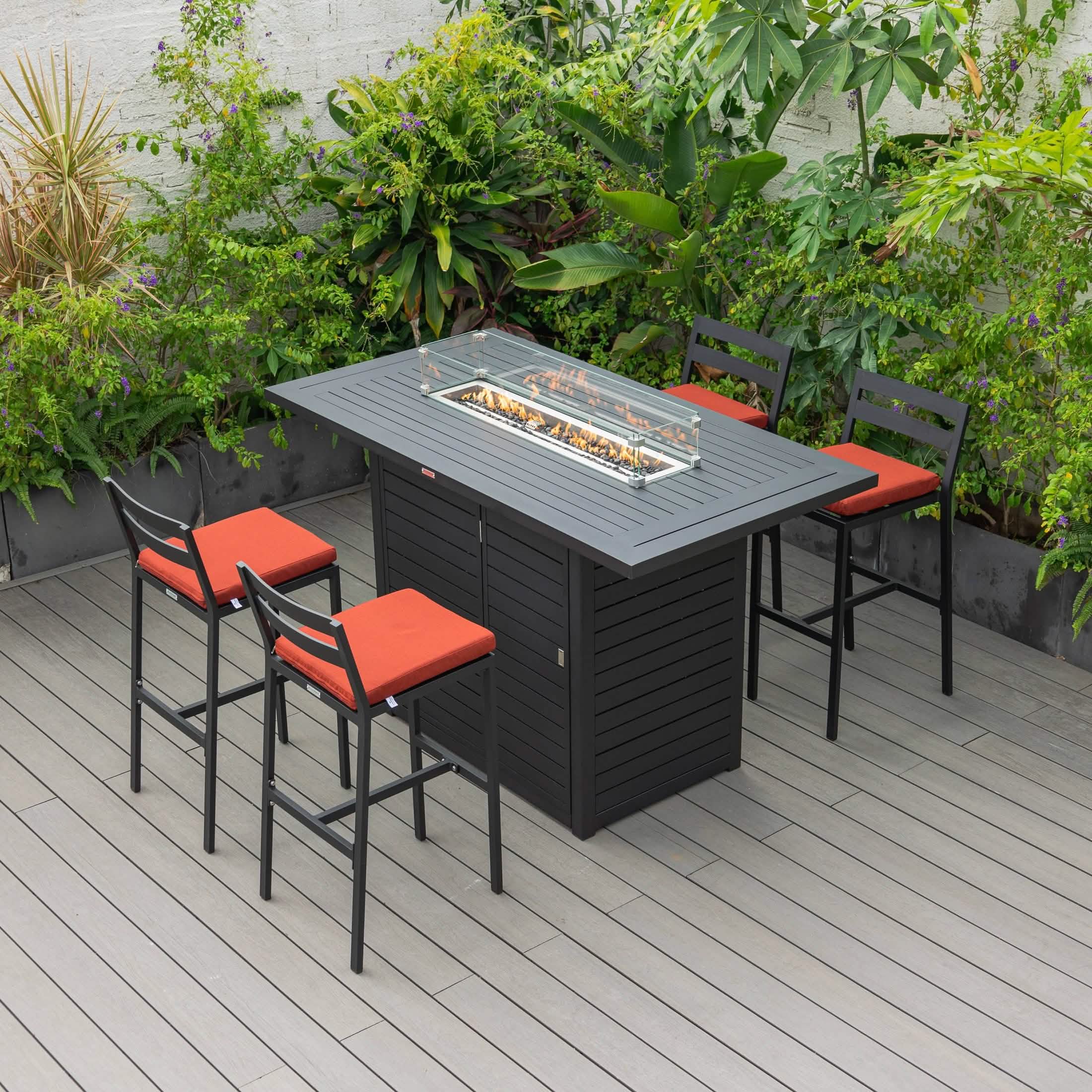 Chelsea 5-Piece Patio Bar Set: Aluminum Fire Pit Table with Tank Holder & 4 Barstools with Cushions Dining Set Leisuremod