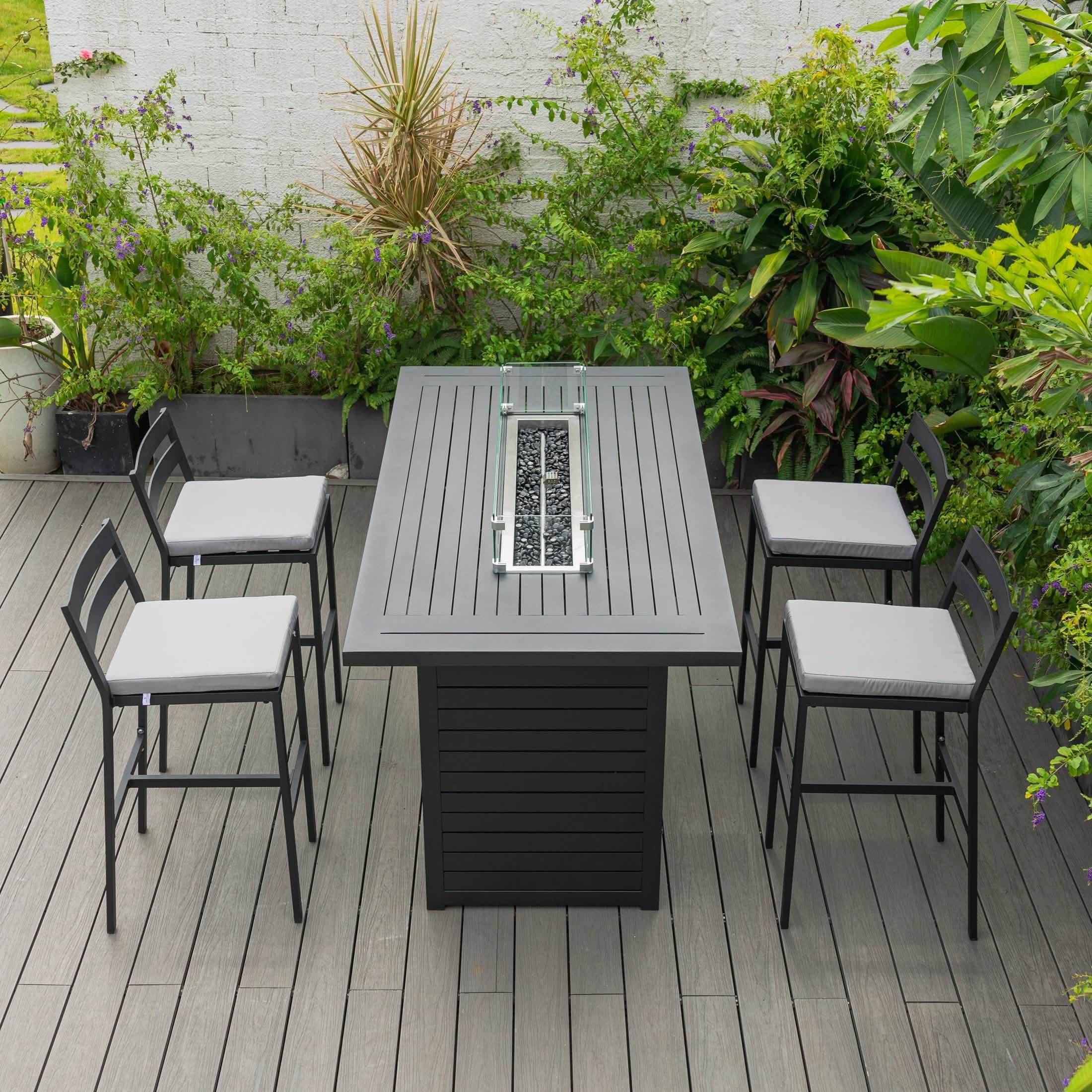Chelsea 5-Piece Patio Bar Set: Aluminum Fire Pit Table with Tank Holder & 4 Barstools with Cushions Dining Set Leisuremod