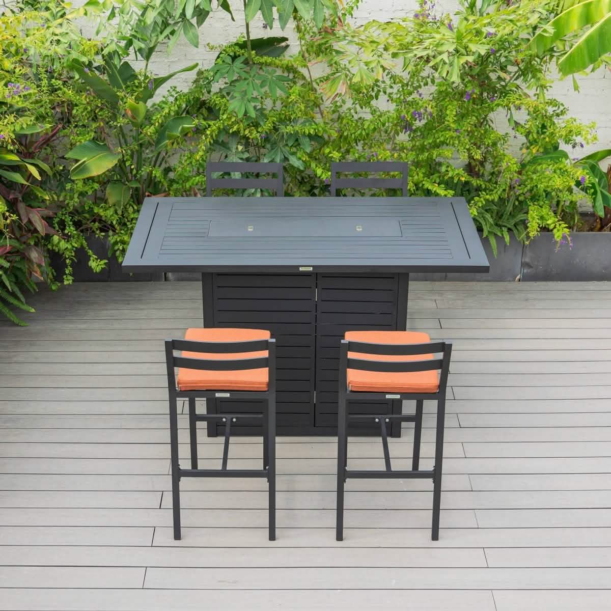 Chelsea 5-Piece Patio Bar Set: Aluminum Fire Pit Table with Tank Holder & 4 Barstools with Cushions Dining Set Leisuremod