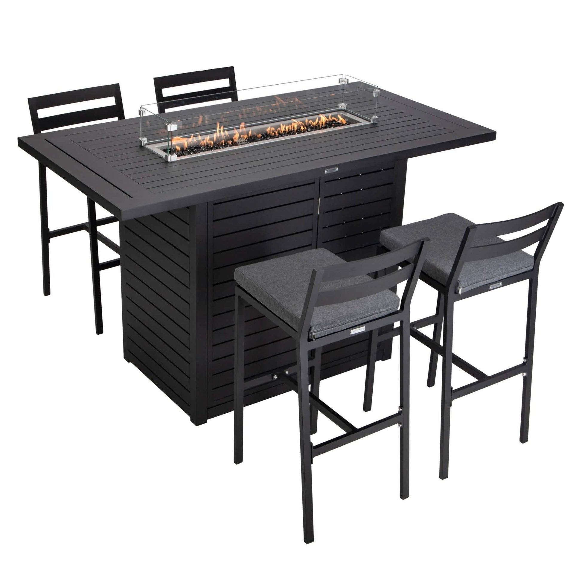 Chelsea 5-Piece Patio Bar Set: Aluminum Fire Pit Table with Tank Holder & 4 Barstools with Cushions Dining Set Leisuremod