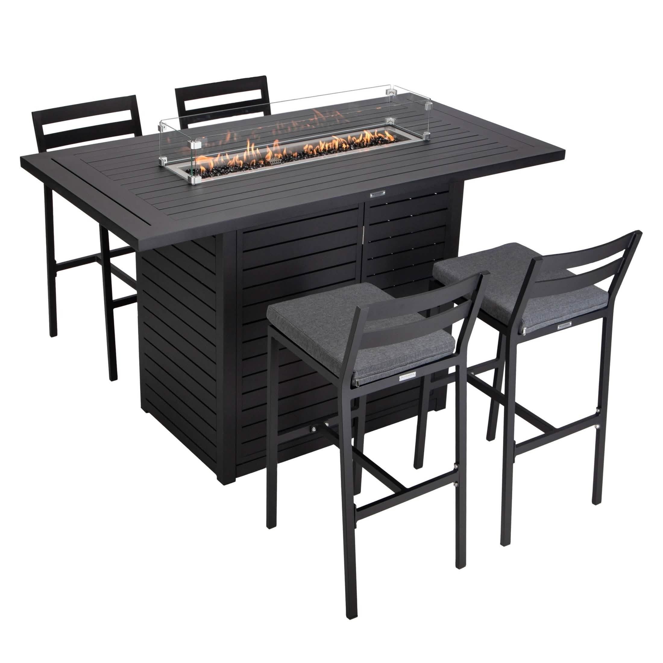 Chelsea 5-Piece Patio Bar Set: Aluminum Fire Pit Table with Tank Holder & 4 Barstools with Cushions Dining Set Leisuremod