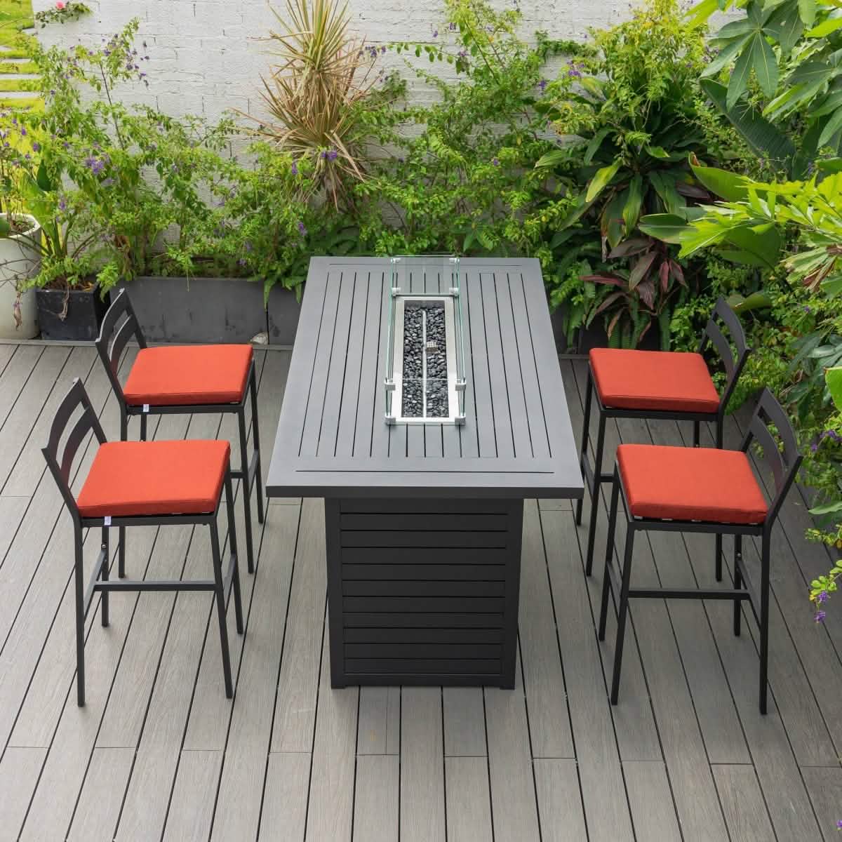 Chelsea 5-Piece Patio Bar Set: Aluminum Fire Pit Table with Tank Holder & 4 Barstools with Cushions Dining Set Leisuremod
