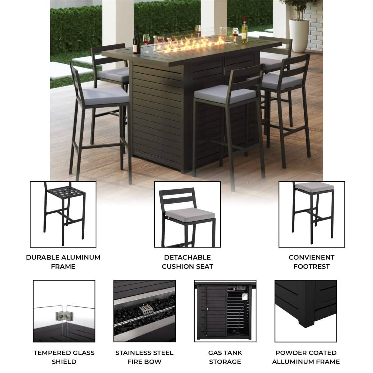 Chelsea 5-Piece Patio Bar Set: Aluminum Fire Pit Table with Tank Holder & 4 Barstools with Cushions Dining Set Leisuremod
