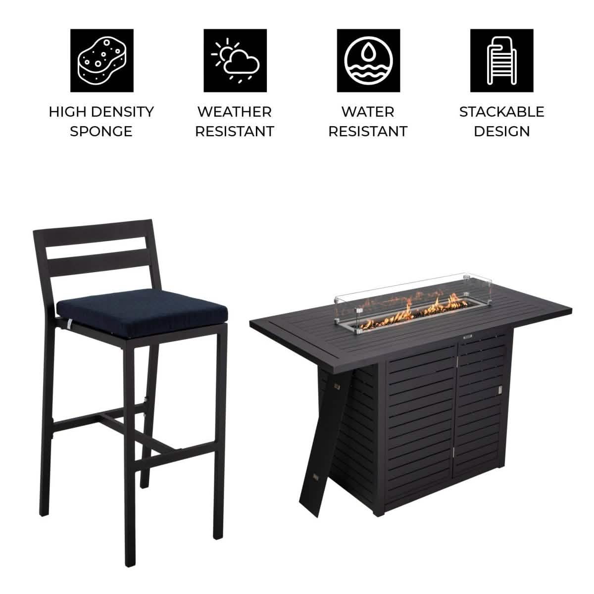 Chelsea 5-Piece Patio Bar Set: Aluminum Fire Pit Table with Tank Holder & 4 Barstools with Cushions Dining Set Leisuremod