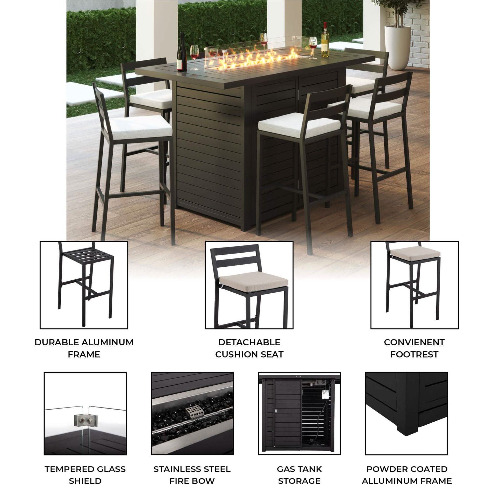 Chelsea 5-Piece Patio Bar Set: Aluminum Fire Pit Table with Tank Holder & 4 Barstools with Cushions Dining Set Leisuremod