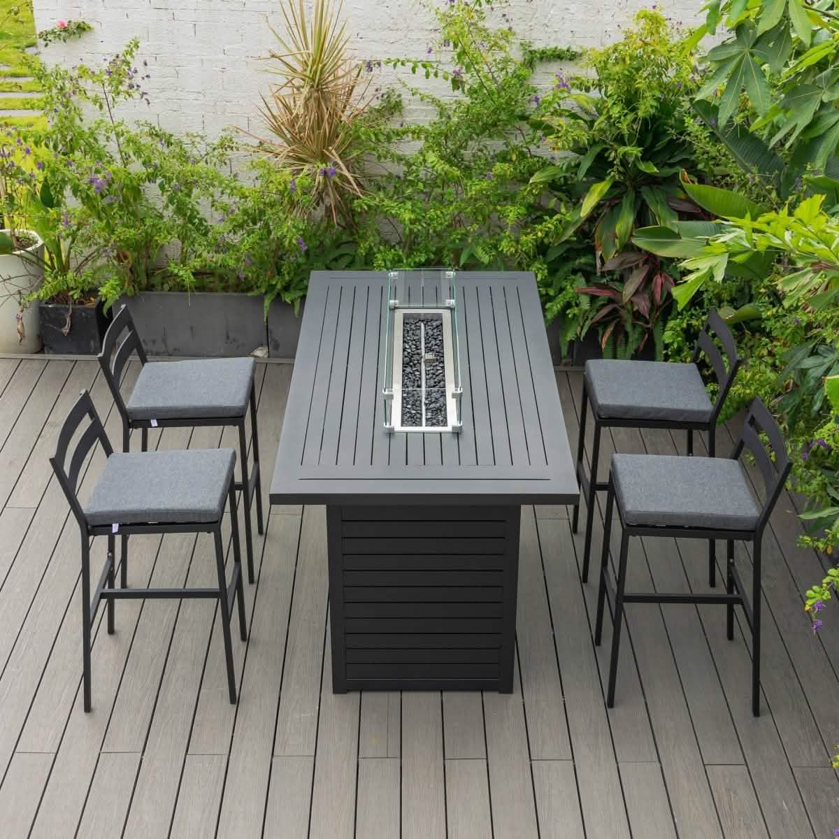 Chelsea 5-Piece Patio Bar Set: Aluminum Fire Pit Table with Tank Holder & 4 Barstools with Cushions Dining Set Leisuremod