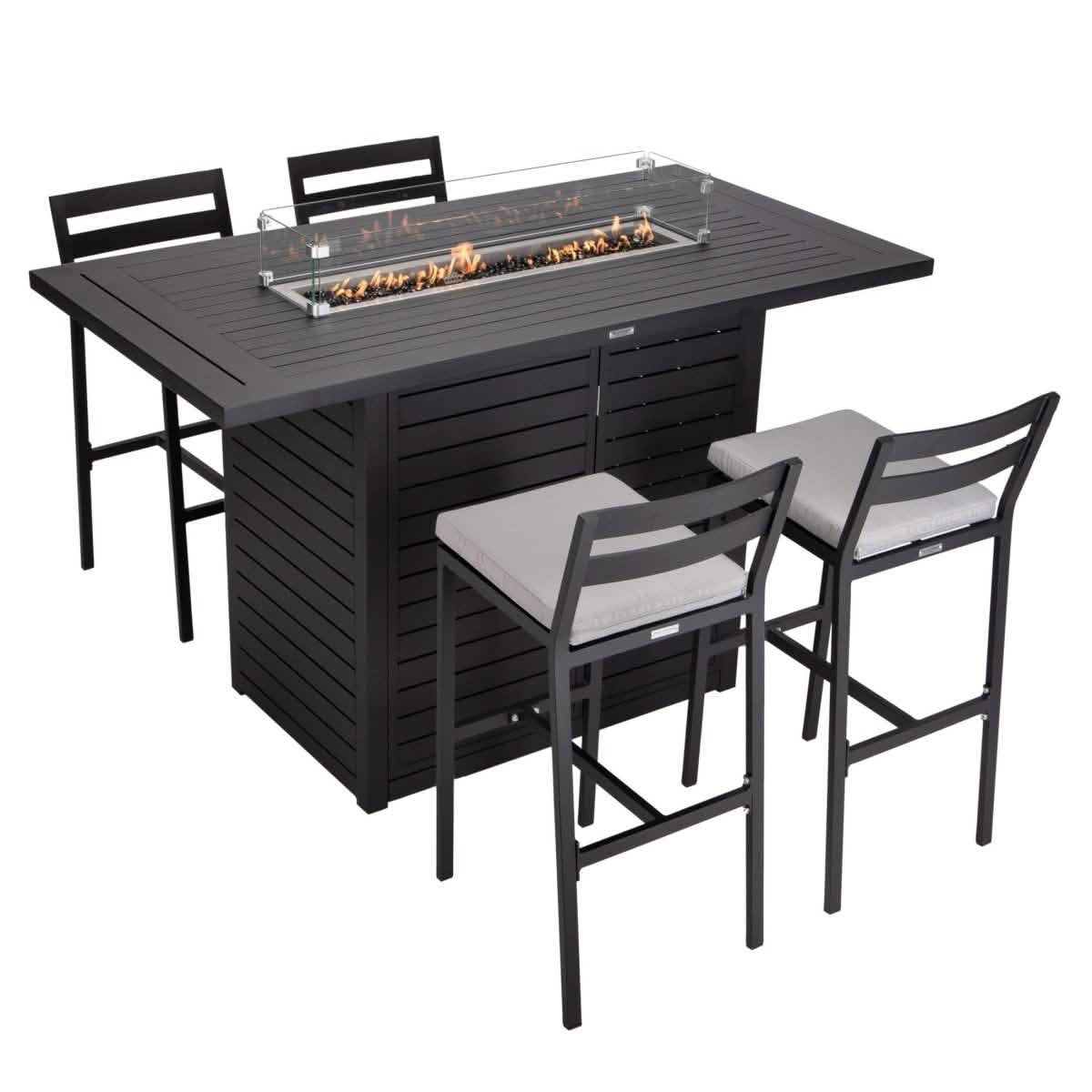 Chelsea 5-Piece Patio Bar Set: Aluminum Fire Pit Table with Tank Holder & 4 Barstools with Cushions Dining Set Leisuremod