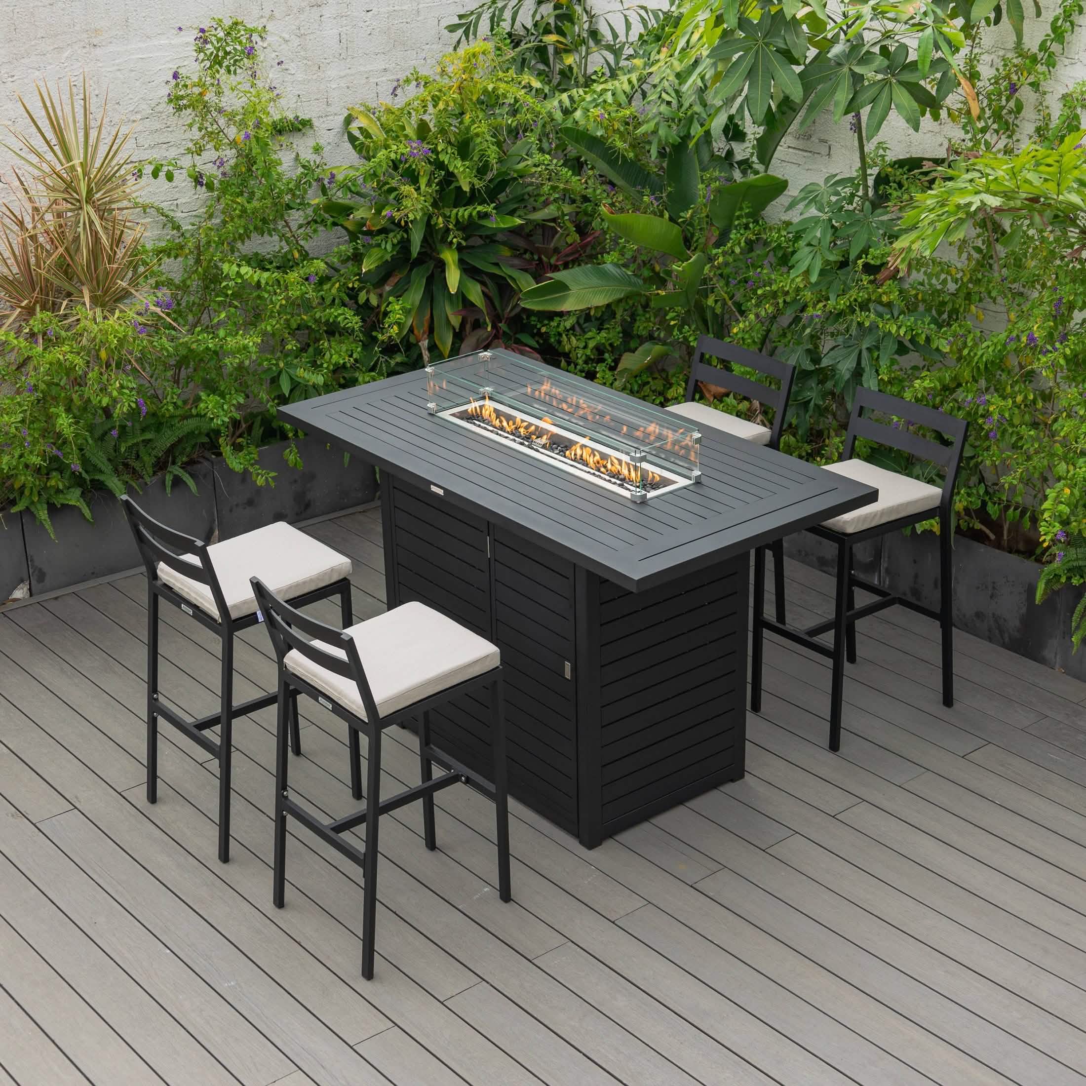 Chelsea 5-Piece Patio Bar Set: Aluminum Fire Pit Table with Tank Holder & 4 Barstools with Cushions Dining Set Leisuremod