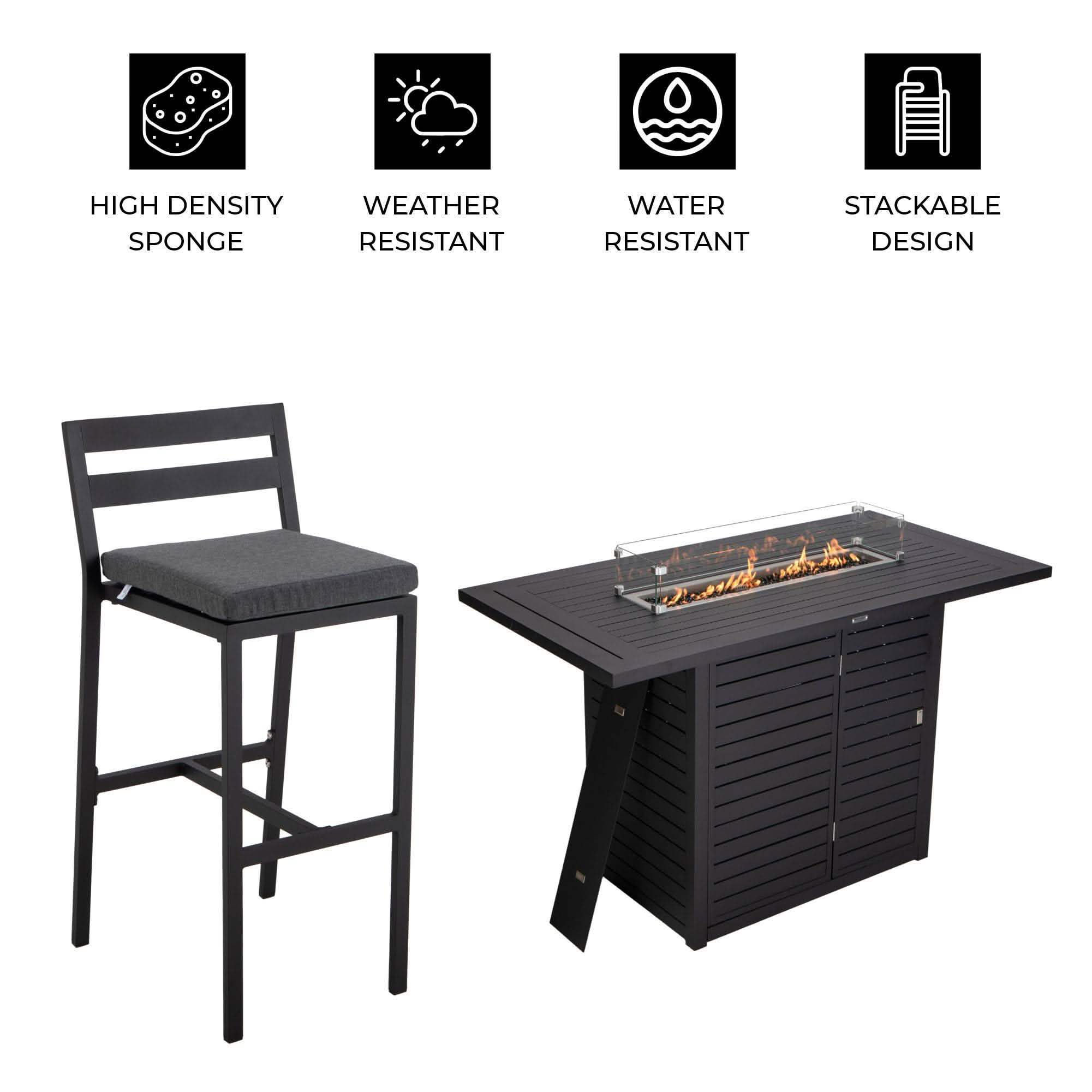 Chelsea 5-Piece Patio Bar Set: Aluminum Fire Pit Table with Tank Holder & 4 Barstools with Cushions Dining Set Leisuremod