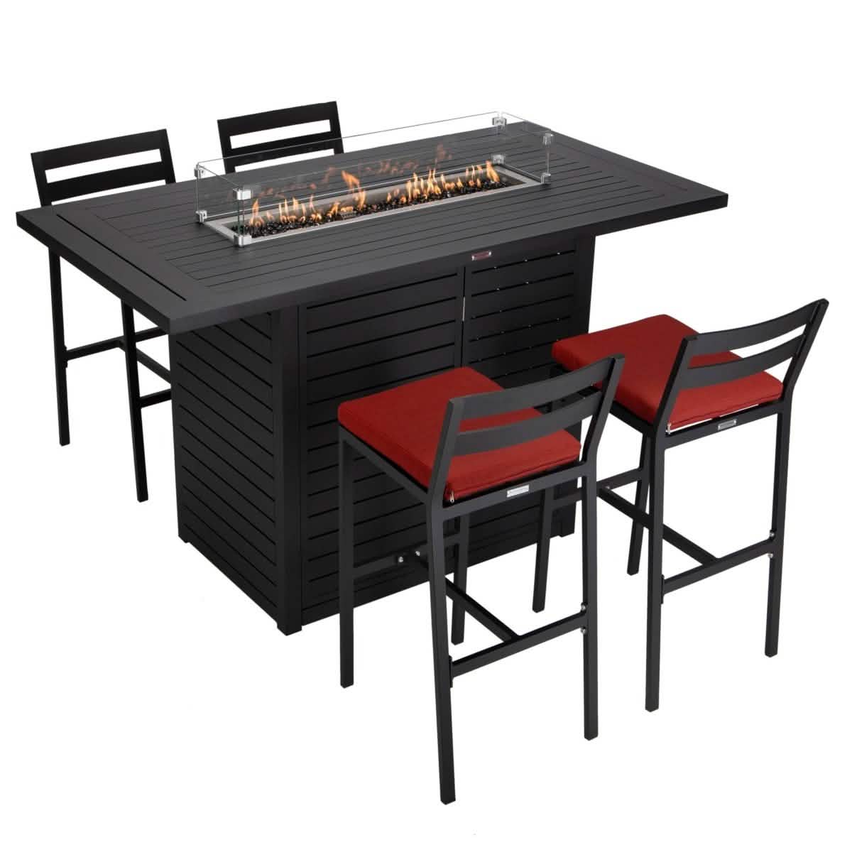 Chelsea 5-Piece Patio Bar Set: Aluminum Fire Pit Table with Tank Holder & 4 Barstools with Cushions Dining Set Leisuremod