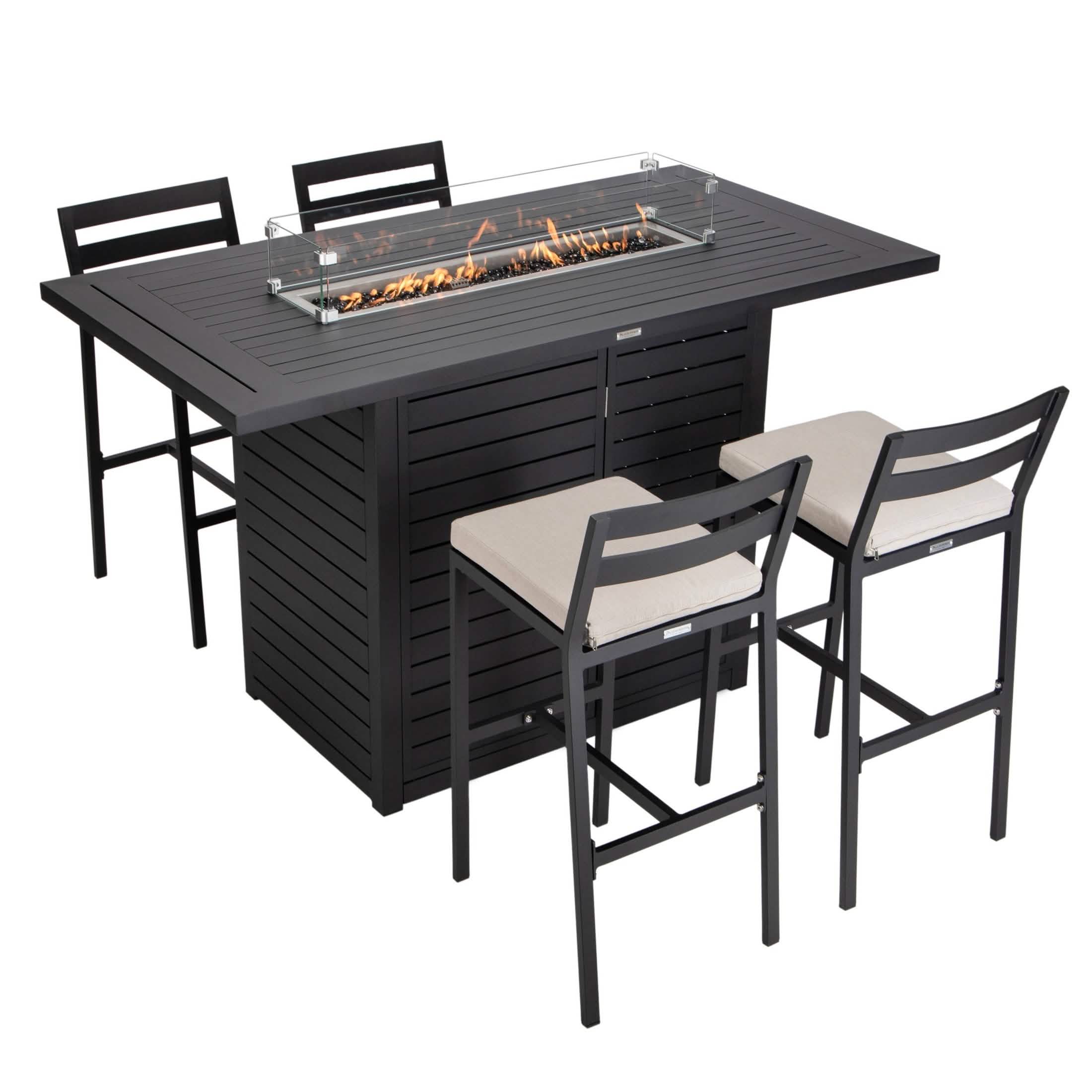 Chelsea 5-Piece Patio Bar Set: Aluminum Fire Pit Table with Tank Holder & 4 Barstools with Cushions Dining Set Leisuremod