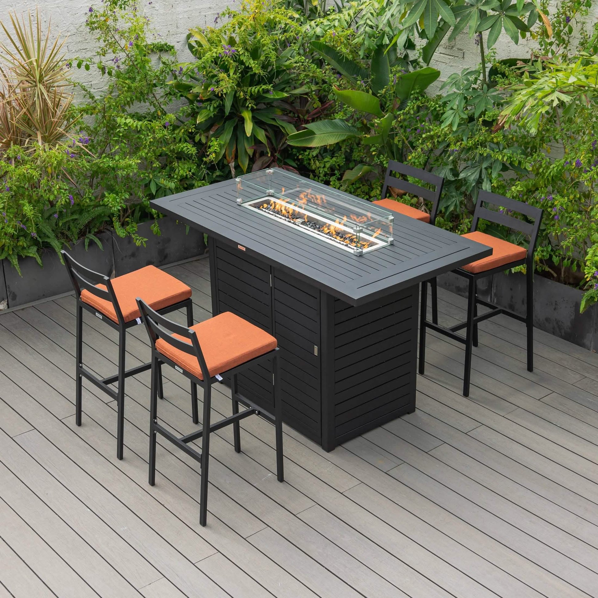Chelsea 5-Piece Patio Bar Set: Aluminum Fire Pit Table with Tank Holder & 4 Barstools with Cushions Dining Set Leisuremod