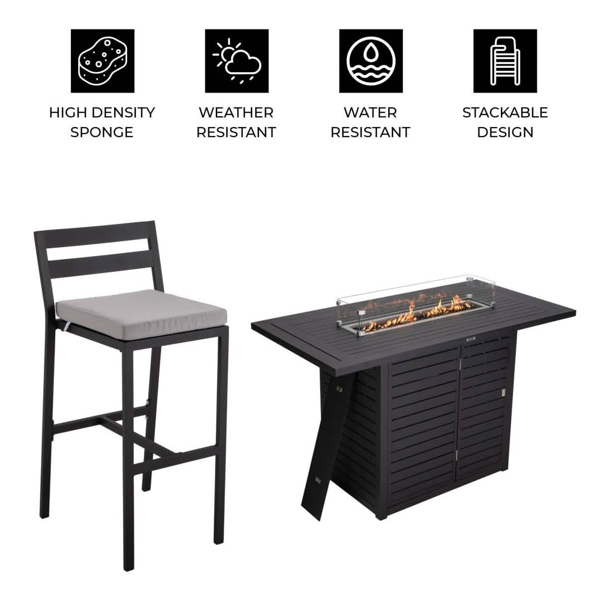 Chelsea 5-Piece Patio Bar Set: Aluminum Fire Pit Table with Tank Holder & 4 Barstools with Cushions Dining Set Leisuremod