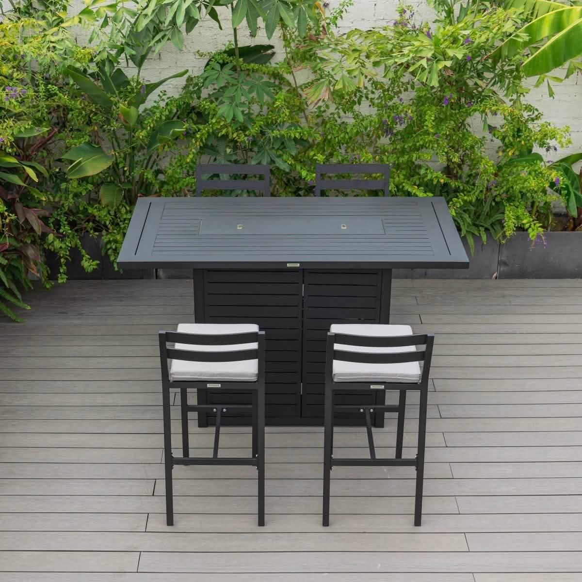 Chelsea 5-Piece Patio Bar Set: Aluminum Fire Pit Table with Tank Holder & 4 Barstools with Cushions Dining Set Leisuremod