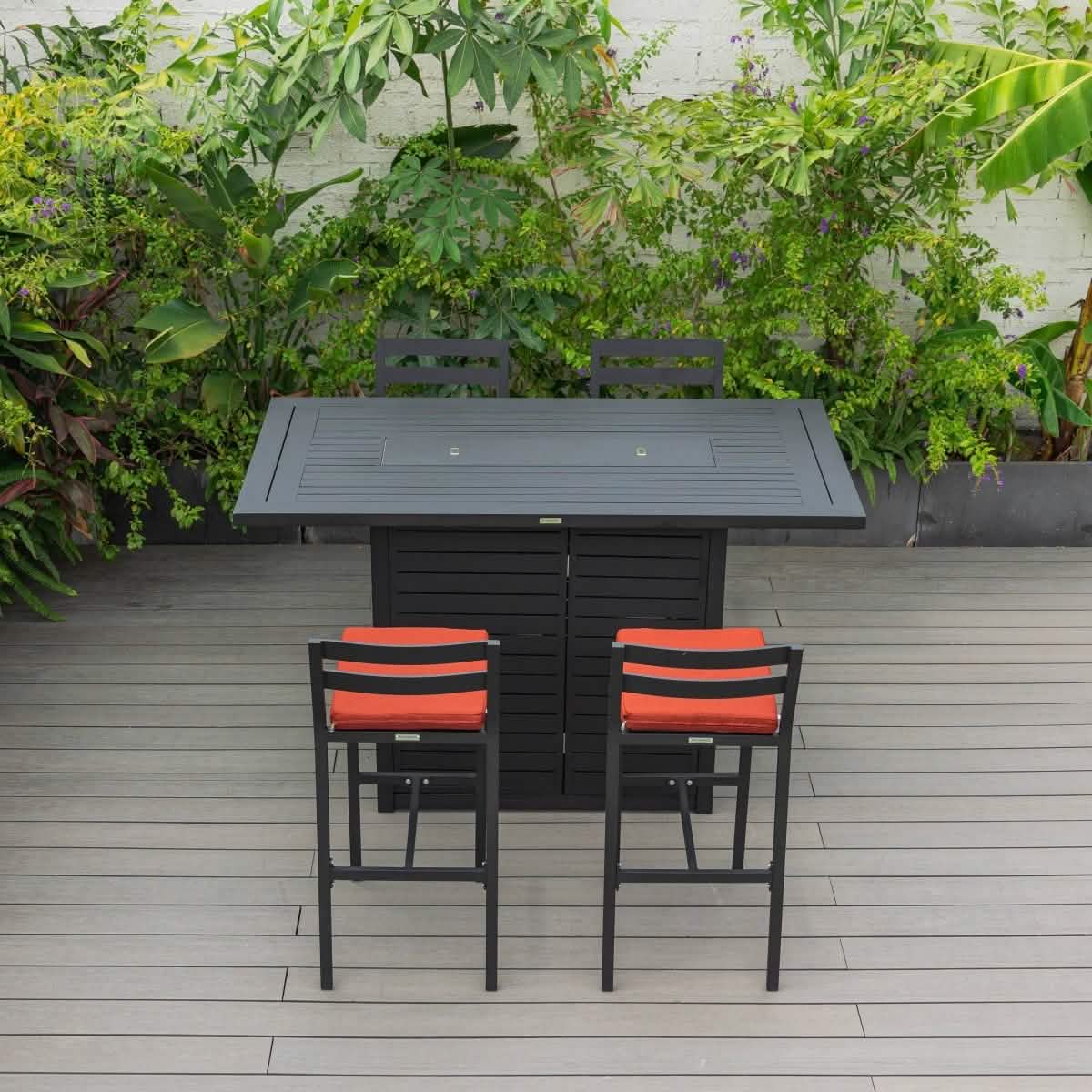 Chelsea 5-Piece Patio Bar Set: Aluminum Fire Pit Table with Tank Holder & 4 Barstools with Cushions Dining Set Leisuremod