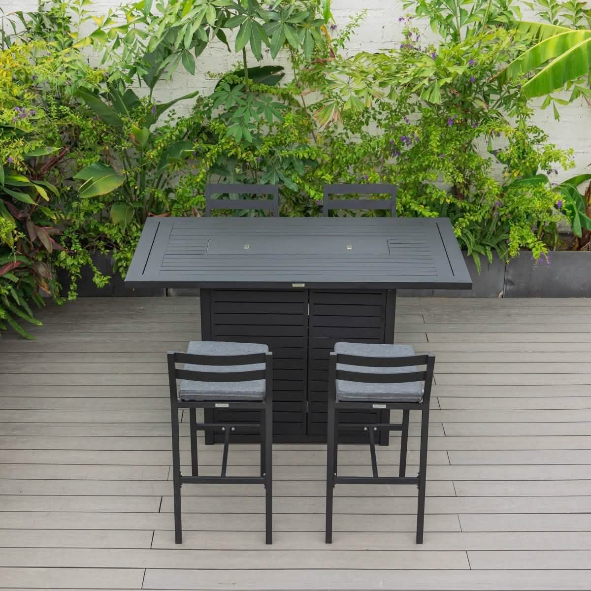 Chelsea 5-Piece Patio Bar Set: Aluminum Fire Pit Table with Tank Holder & 4 Barstools with Cushions Dining Set Leisuremod